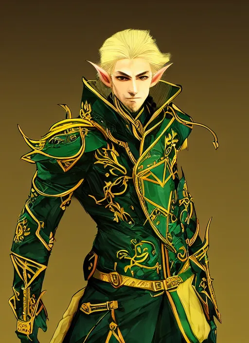 Prompt: Half body portrait of a handsome blonde elven ranger ambassador in green and gold intricate jacket. In style of Yoji Shinkawa and Hyung-tae Kim, trending on ArtStation, dark fantasy, great composition, concept art, highly detailed.