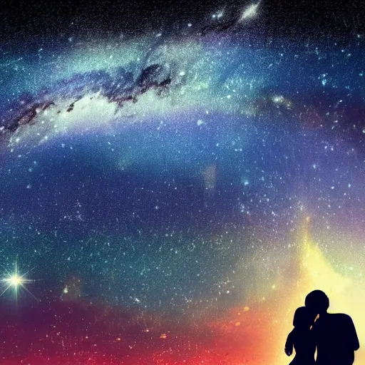 Image similar to a beautiful landscape showing mountains, stars and galaxies in the background. The silhouet of a young couple sits in the foreground, anime style