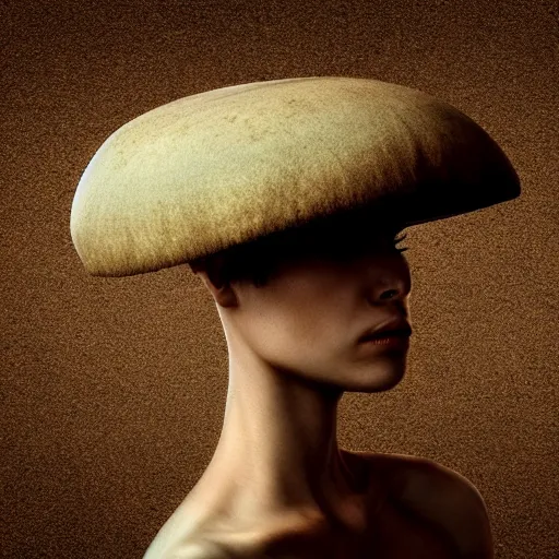 Image similar to cover art alien mushroom model girl side view photography model full body style of jonathan zawada, thisset colours simple background objective