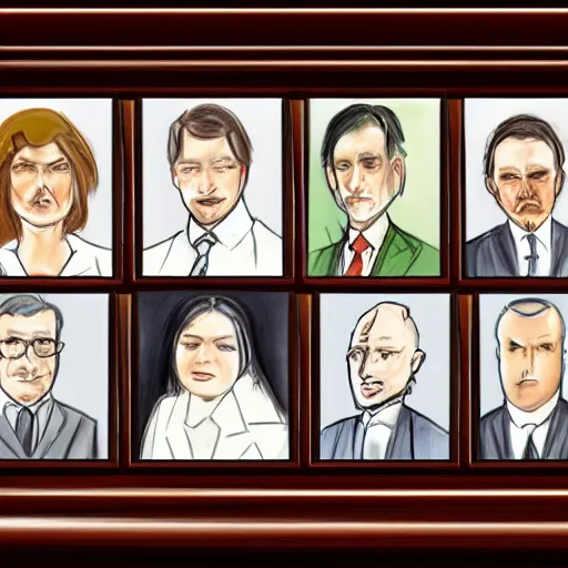 Image similar to courtroom sketch, defendant and lawyer portraits