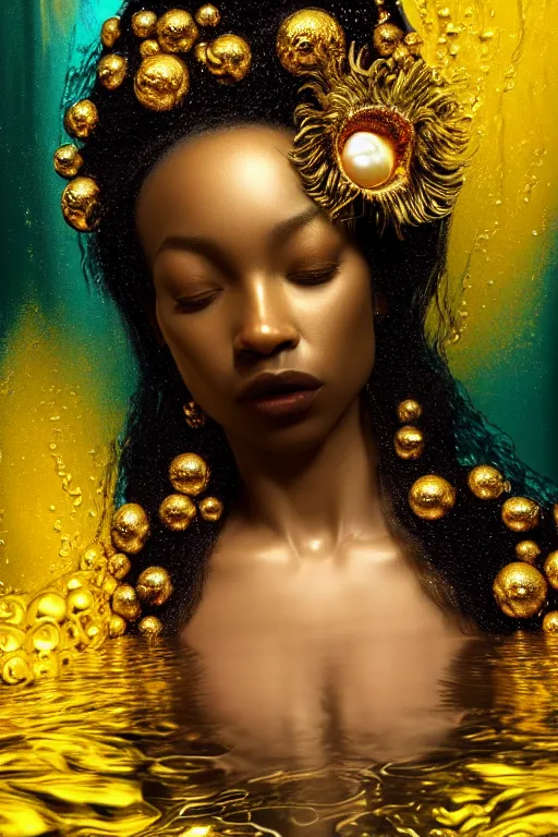 Image similar to hyperrealistic neo - rococo cinematic very expressive! black oshun goddess, open eyes, body in water, mirror dripping droplet!, gold flowers, highly detailed face, digital art masterpiece, smooth eric zener cam de leon dramatic pearlescent teal light, ground angle uhd 8 k, sharp focus