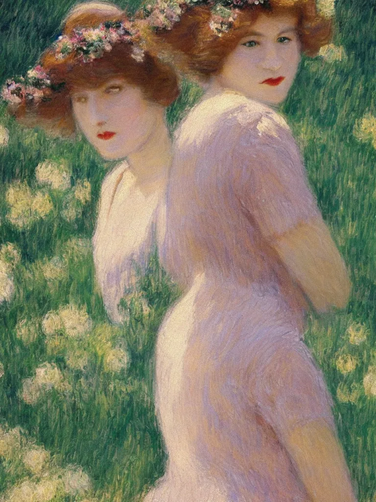 Image similar to portrait of < zelda fitzgerald > as a beautiful young lady wearing 1 9 2 0 s fashion, blurry face, brown hair, slim, fair, severe out of focus, depth of field, pleinairism, in the sun, backlit, closeup, oil on canvas, atr by monet, in the style of le promenade, smooth, impressionnisme, 8 k