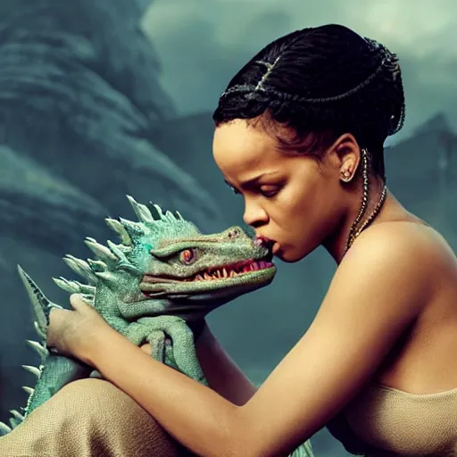 Prompt: rihanna as daenerys targaryen kissing a baby dragon from game of thrones movie, cinematic, photo realism, 8 k