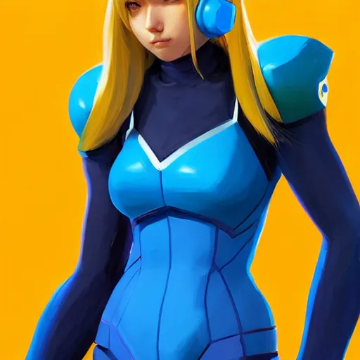 Prompt: portrait of Zero Suit Samus Aran as Overwatch character, medium shot, asymmetrical, profile picture, Organic Painting, sunny day, Matte Painting, bold shapes, hard edges, street art, trending on artstation, by Greg Manchess and Huang Guangjian and Loish and Gil Elvgren and Sachin Teng