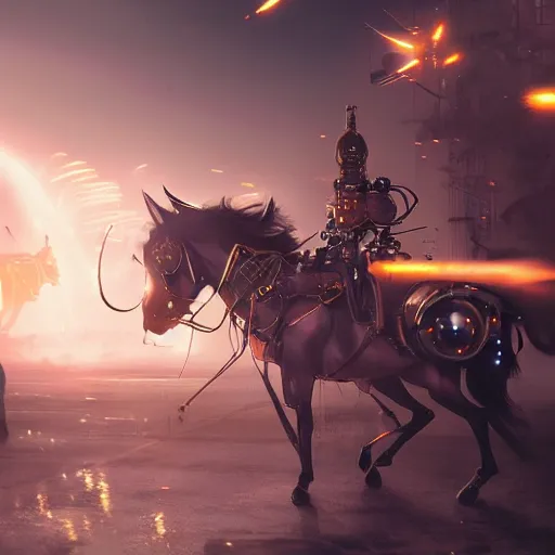 Image similar to The charge of the light brigade with robotic horses, steampunk, dramatic lighting, heavy weapons fire, light fog, by Makoto Shinkai and Ruan Jia