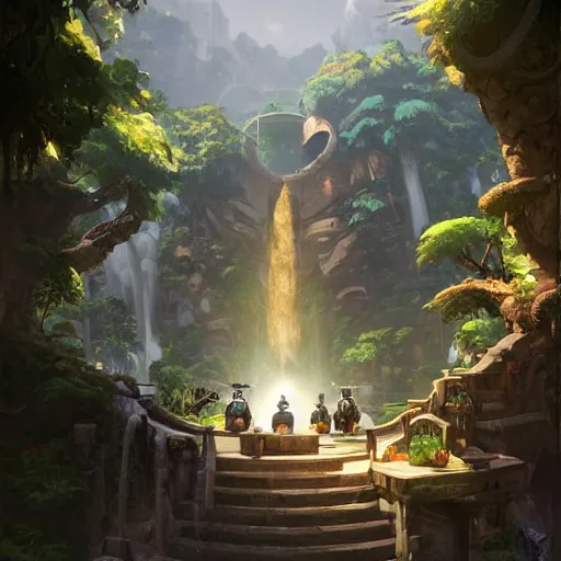 Image similar to worm's eye view of overwatch headquarters carved inside a mountain surrounding a lush well kept garden, central waterfall, magical, natural light, fantasy, sharp focus, concept art, by greg rutkowski and craig mullins, cozy atmospheric