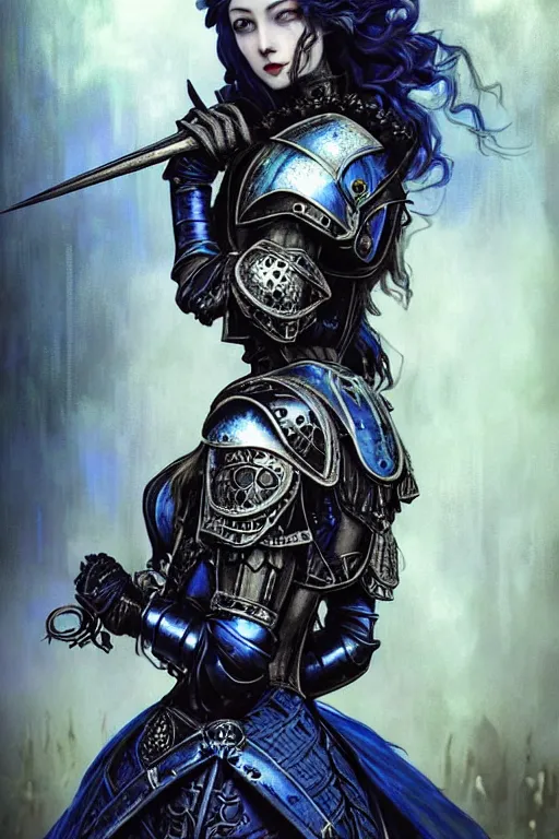 Image similar to beautiful gothic and victorian and evil and dieselpunk medieval female blue armor knight portrait, like lisa blackpink+smoky eyes+light flowing hair, ruin gothic cathedral, ultradetail face, art and illustration by tian zi and craig mullins and WLOP and alphonse mucha, fantasy, intricate complexity, human structure, fantasy world concept, watermark, blurry, hyperrealism 8k
