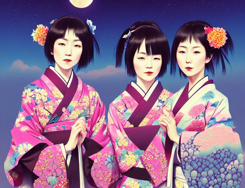 Image similar to two beautiful charming japan girls wear arty kimono in festival | | sunny night, full moon, dreamlike art, realistic shaded, smile, good looking, hyper details, 4 k realistic, cryengine, realistic shaded lighting poster by ilya kuvshinov, fuji choko, ross tran, 8 k resolution, trending on artstation, luxury