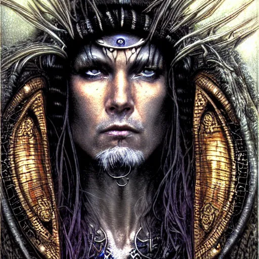 Image similar to a closeup portrait photograph of an art nouveau cyberpunk shaman by ted nasmith, luis royo and brom