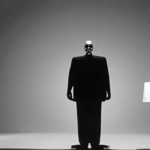 Prompt: movie scene of a man with a small robot head, movie still, acting, cinematic composition, cinematic lighting, Movie by David Lynch and Andrzej Żuławski