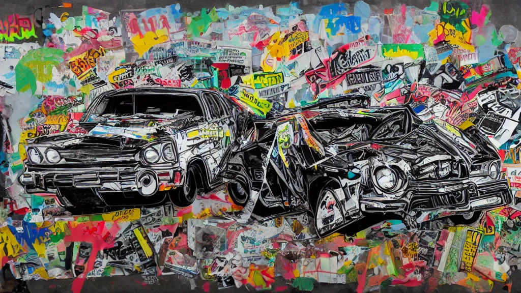 Image similar to lowrider crash test, collage paper and tape, pencil and graffiti marker, acrylic on canvas, expressionism, high resolution, cinematic, unreal 6 breathtaking detailed, by blake neubert