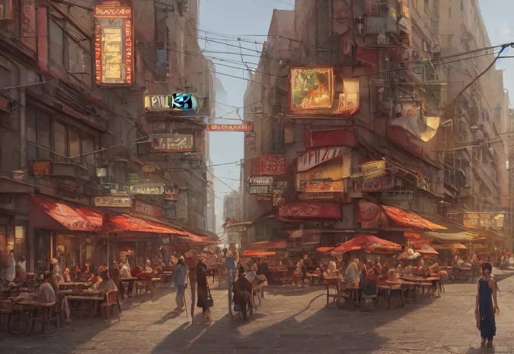 Prompt: A highly detailed matte painting of an Italian pizzeria in new york, streetscene, by Studio Ghibli, Makoto Shinkai, by Artgerm, by WLOP, by Greg Rutkowski, volumetric lighting, cyberpunk, octane render, 4K resolution, trending on artstation, masterpiece