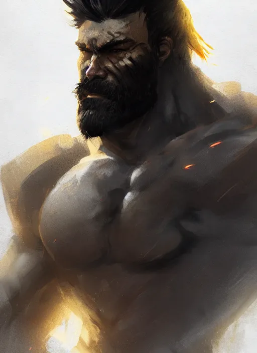 Image similar to Half-body portrait of an old muscular human warrior with dark beard and yellow eyes. In style of Hyung-tae Kim and Greg Rutkowski, concept art, trending on ArtStation, Korean MMORPG, over-detailed art, 8K, epic, dynamic lightning, dramatic pose.