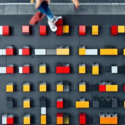 Image similar to person walking in the street in lego blocks