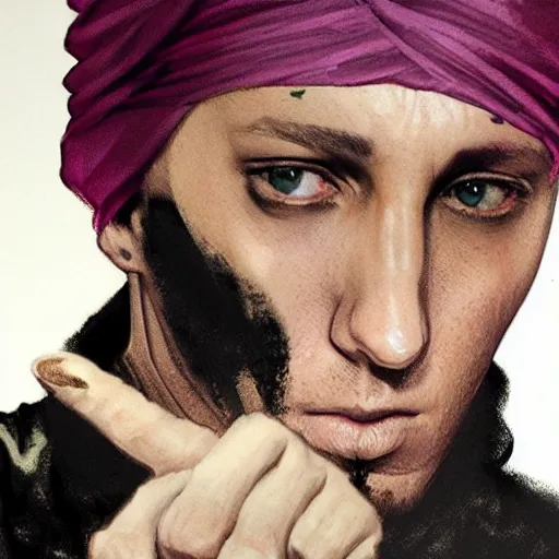 Image similar to eminem as a middle eastern man wearing a turban, yoji shinkawa