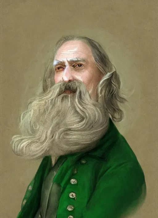 Image similar to an old baron d'arignac, long hair, wear an elegant mustach, white scarf, green shirt, by artgem, digital art, highly detailled