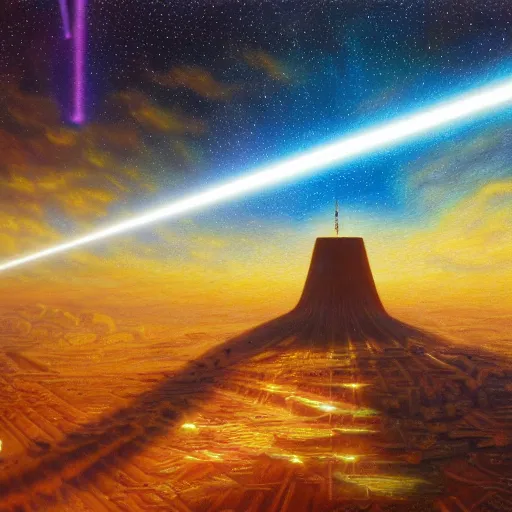 Prompt: laser beam strikes through earth, extremely detailed oil painting, 1 9 2 0's colored pencil, high clarity, highly detailed, abstract, deep aesthetic, 8 k, highly ornate intricate details, cinematic lighting, rich colors, digital artwork, beautiful scenic view, ray tracing, hyperrealistic, photorealistic, cinematic landscape, trending on artstation, concept art,