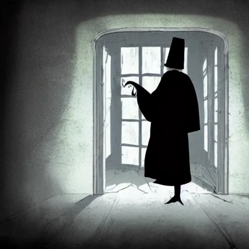 Image similar to the magician with a black robe inside a abandoned house, shadows, lurker, ghibli style