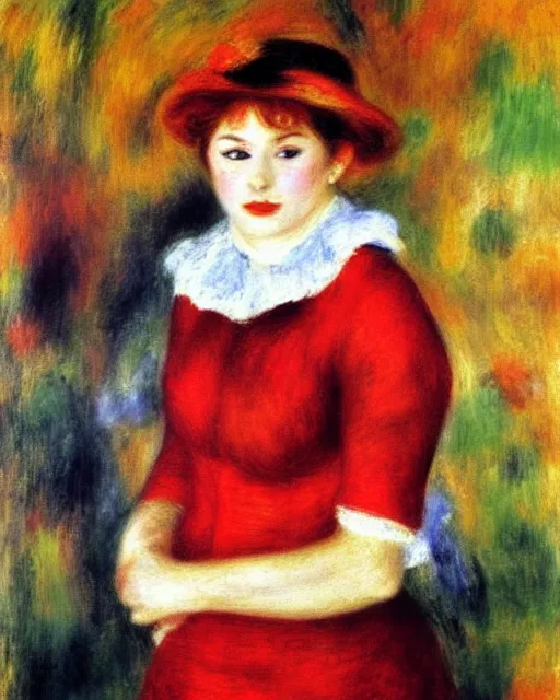 Image similar to a pierre - auguste renoir portrait painting of a woman wearing a red dress dancing in the pouring rain