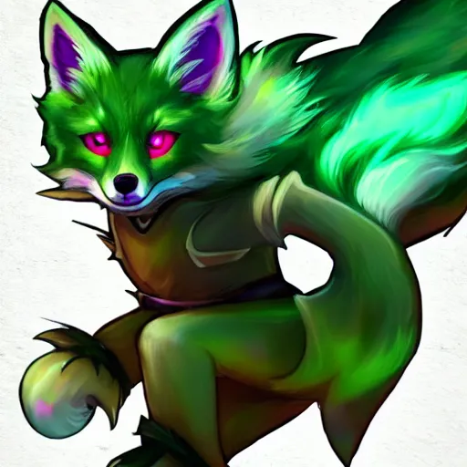 Prompt: green, colored fox, league of legends splash art