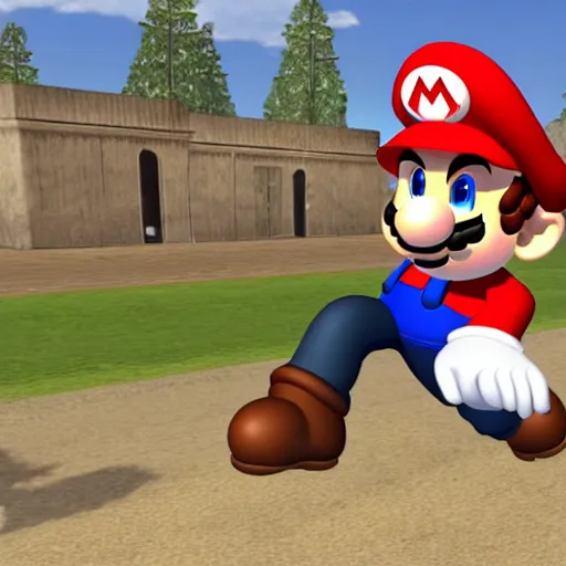 Prompt: mario as prison camp guard marching, wwii, officers uniform, cartoon style, ingame screenshot