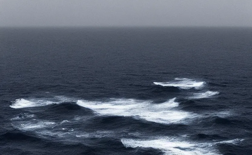 Image similar to “Foggy, dark blue Atlantic Ocean, menacing, lonely expanse”