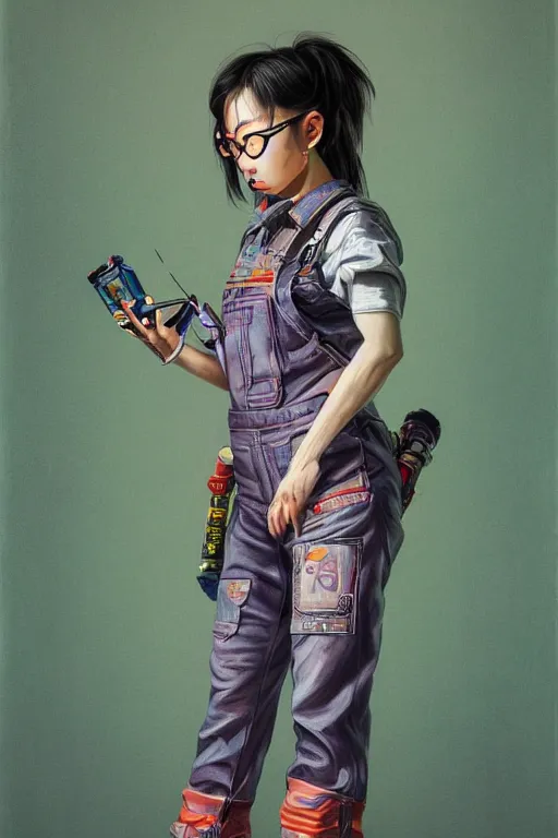 Prompt: a full body illustration of an asian female cyberpunk character wearing dungarees, highly detailed, oil on canvas, soft lighting, neon pastel colors, by Jean Giraud, HD, 4K