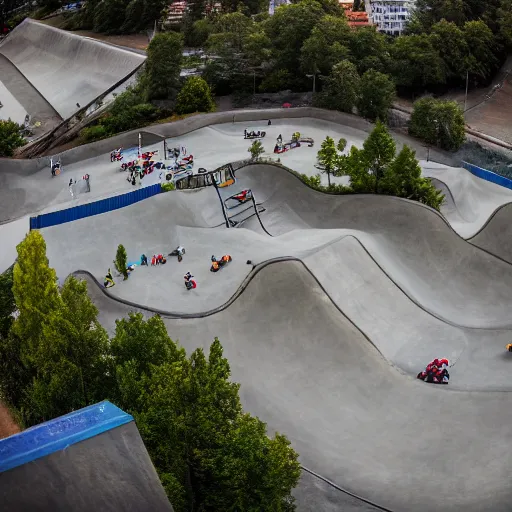 Prompt: tilt shift drone shot of a skatepark