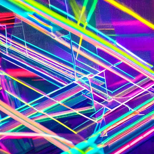 Image similar to a hypercube made of high - contrast dark polished metal brushstrokes of neon light - trails and dichroic paintings