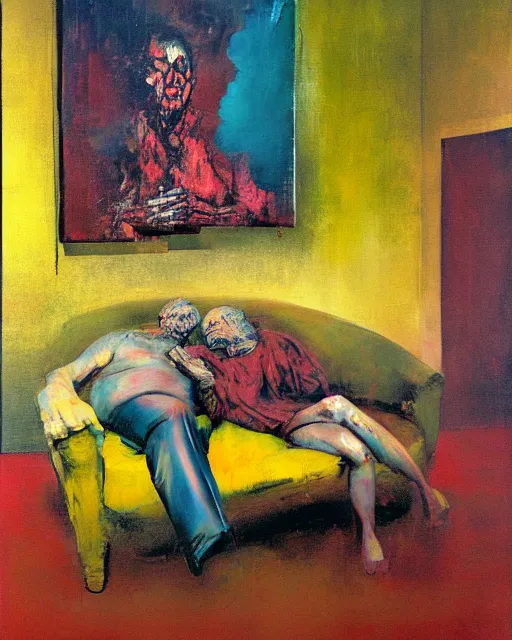 Prompt: thick flowing expressive impasto acrylic painting of an old dead couple sitting on a couch in an old soviet apartment, Beksinski painting, art by Adrian Ghenie and Gerhard Richter. Francis Bacon masterpiece, 2007 93 666