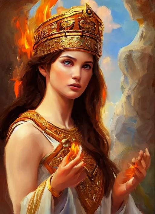Image similar to Portrait of a beautiful priestess from the oracle of Delphi, looking into the flames, greek mythology, high face detail, in the style of Julia Ustinovich, digital art, Vladimir Volegov
