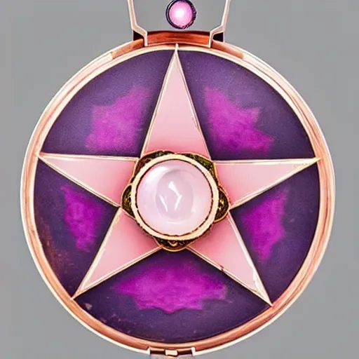 Prompt: a photo of the lid of a vintage circular powder compact case with a 14k rose gold pentagram that has a different colored gem stone at each point, transparent light pink basse-taille enamel over guilloché turned engraving and a large, round pink star sapphire cabochon in the middle enclosed by a sterling silver heraldic crescent inlay. 19th century.