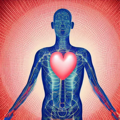 Image similar to a transparent man with a glowing red heart inside his chest.