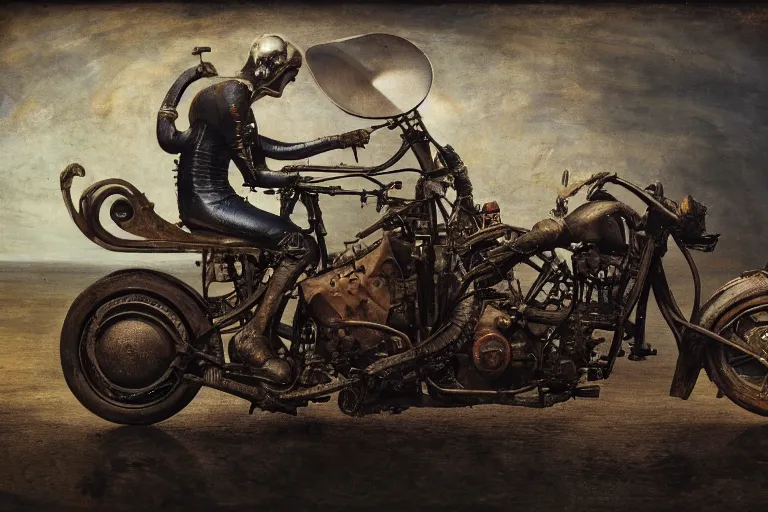 Image similar to full color hd photo of a motorcycle, octane render 4 k, by hieronymus bosch, joel peter witkin, annie liebovitz. gustave dore, hr giger, zdzisław beksinski, epic, artstation, cgisociety, weta, disney