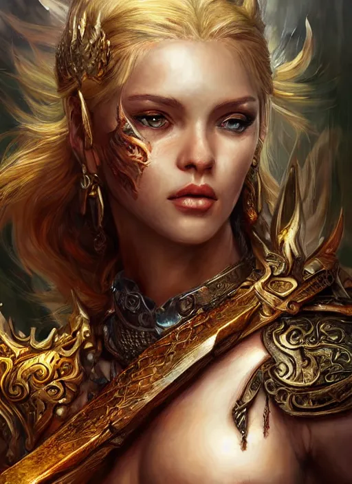 Image similar to a beautiful female warrior, 8 k, hyperrealistic, dragon slayer, hyperdetailed, fantasy portrait by laura sava