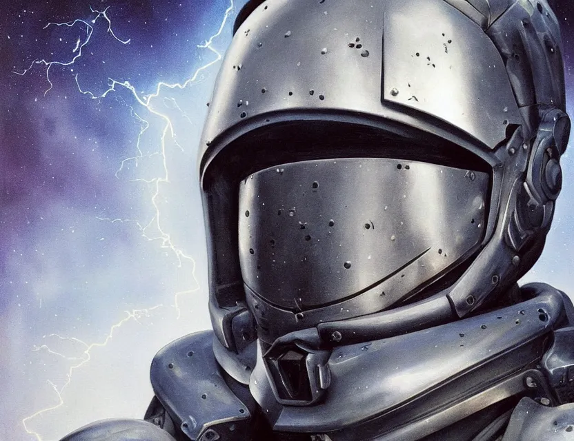 Prompt: a detailed portrait painting of a lone bounty hunter wearing combat armour and a reflective visor. Head and chest only. Movie scene, cinematic sci-fi scene. Flight suit, cloth and metal, accurate anatomy. portrait symmetrical and science fiction theme with lightning, aurora lighting. clouds and stars. Atmospheric. Clean design, smooth oil paint. Futurism by beksinski carl spitzweg moebius and tuomas korpi. Greg rutkowski. baroque elements. baroque element. intricate artwork by caravaggio. Oil painting. Trending on artstation. 8k