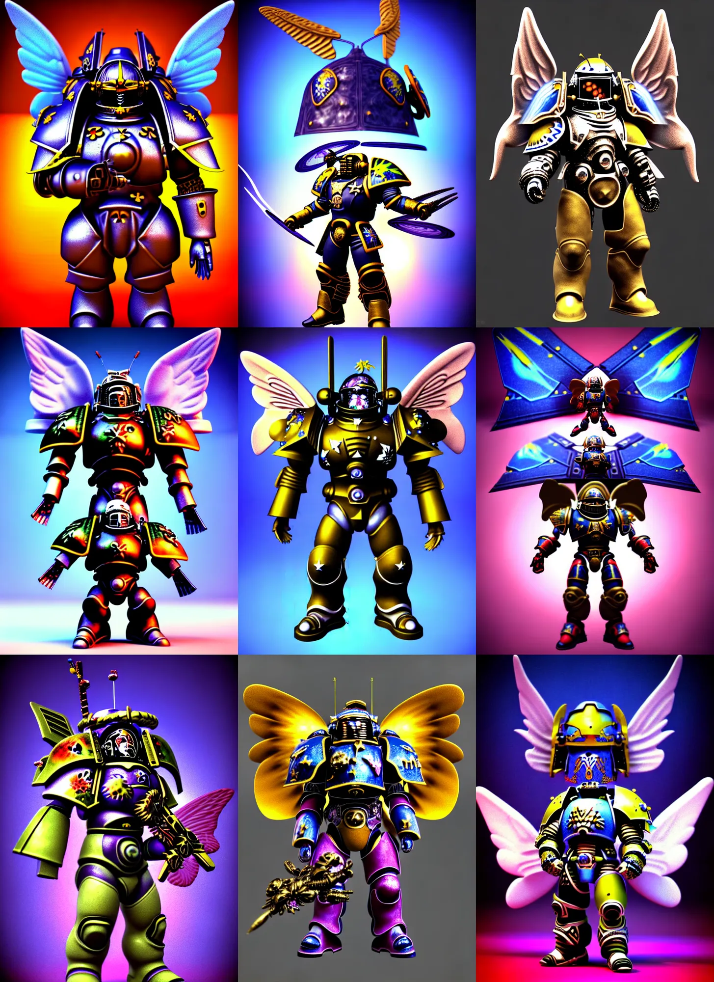 Prompt: 3 d render of chibi space marine warrior knight cyborg by ichiro tanida wearing a big cowboy hat and wearing angel wings against a psychedelic swirly background with 3 d butterflies and 3 d flowers n the style of 1 9 9 0's cg graphics 3 d rendered y 2 k aesthetic by ichiro tanida, 3 do magazine