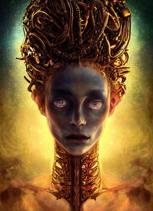 Prompt: epic portrait of menacing, anxious, agitated yet stunningly beautiful biomechanical djinn the unwilling god of creation overseeing the iridescent fabric of the universe, by charlie bowater, mandy jurgens, gustav klimt, octane render, dramatic camera angle, 4k, 8k, high detail, HDR, by tom bagshaw, powerful, with inspiration from Beksinski, inspired by greek goddess Athena