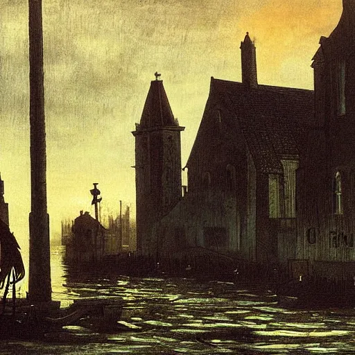 Prompt: zombies, innsmouth, fishing town, church, night, dramatic light, lovecraft, painted by caspar david friedrich