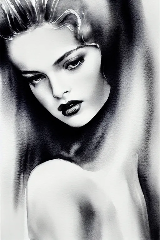 Prompt: stunning award - winning black and white portrait by peter lindbergh of a beautiful young blonde woman. vintage hollywood glamour. long shiny wavy hair. movie star makeup. vogue. highly detailed realistic watercolor painting on canvas. brush strokes.