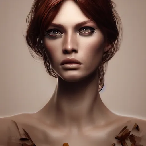 Image similar to Glamorous Runway Model with Ocular Implants, long fan blown dark reddish hair, tight bone structure, olive skin, intricate, elegant, highly detailed, octane render, photorealistic, smooth, depth of field blur, illustration, art James Jean and Kim Keever