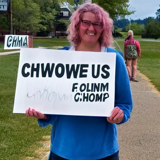 Prompt: A beautiful woman holding a sign that reads Chowning is a Fool.