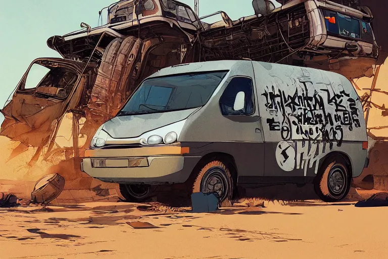 Image similar to digital illustration of mad max's hiace van by makoto shinkai, ilya kuvshinov, lois van baarle, rossdraws, basquiat