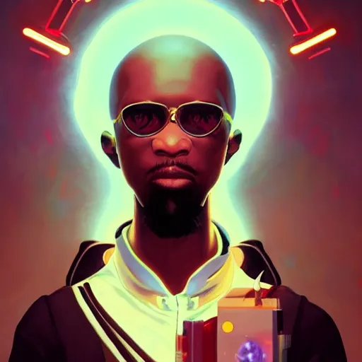 Image similar to bald afro - cyberpunk man with a goatee, manifesting dreams with ancestral magic in a modern world | hyperrealistic oil painting | by makoto shinkai, ilya kuvshinov, lois van baarle, rossdraws, basquiat | afrofuturism, in the style of surrealism, trending on artstation | dark color scheme