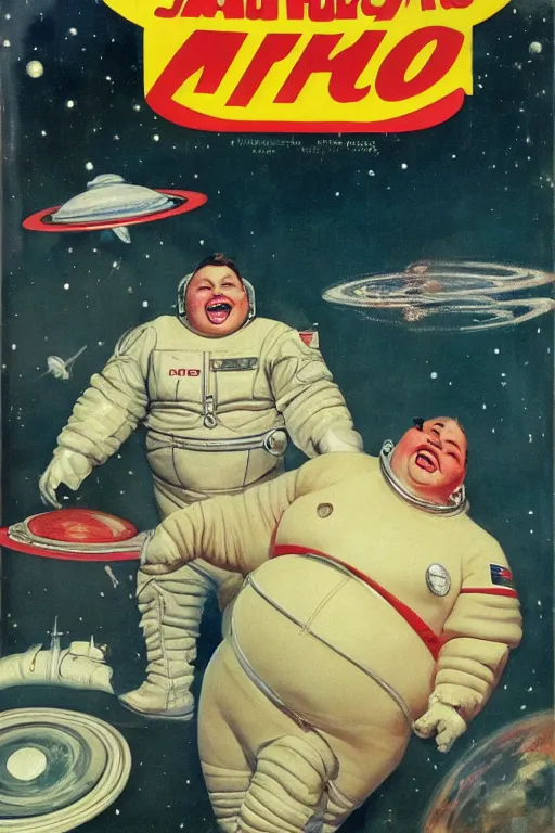 Image similar to 5 0 s pulp scifi fantasy illustration full body portrait laughing overweight woman in leather spacesuit, space scene, by norman rockwell, roberto ferri, daniel gerhartz, edd cartier, jack kirby, howard v brown, ruan jia, tom lovell, frank r paul, jacob collins, dean cornwell, astounding stories, amazing, fantasy, other worlds
