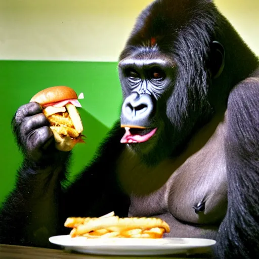 Image similar to 35mm photo of a gorilla eating a burger inside a McDonald's joint