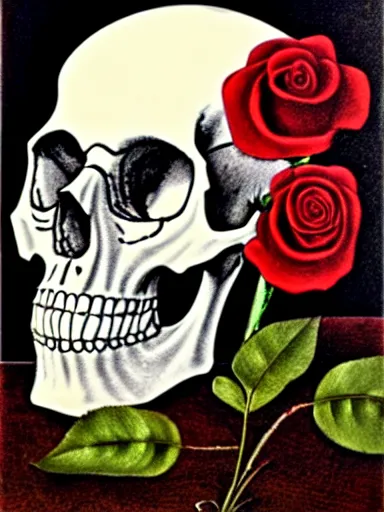 Image similar to still life of a skull, roses and a tarantula