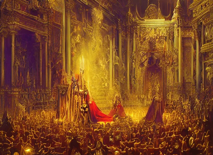 Image similar to worship of the pope, royal robe, gold trim, demons, mysticism, light effect, hyper detailed, intricate, atmospheric, elegant, photorealistic by paul lehr, hyper - real