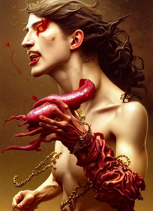 Image similar to incubus sticking out tongue with blood, realistic, surealism, lavish, steep, aesthetic, extravagant, shiny, fantasy, intricate, elegant, extremely higly detailed, digital painting, artstation, ornate, grotesque, baroque, concept art, by artgerm and greg rutkowski and alphonse mucha, joongwon charles jeong and diego fazio