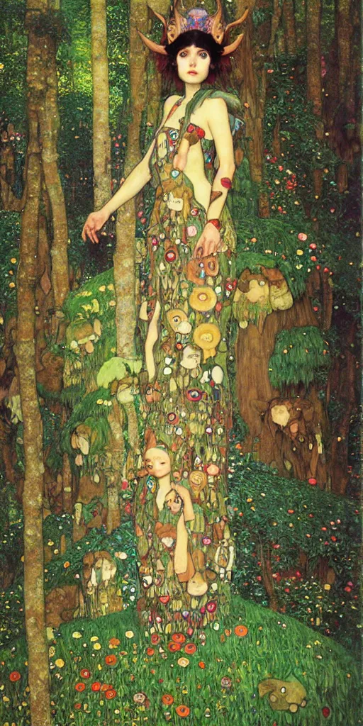 Prompt: Princess Mononoke, lush fairy forest, painted by gustav klimt, tom bagshaw, norman rockwell, mucha, james gurney, denoised, sharp